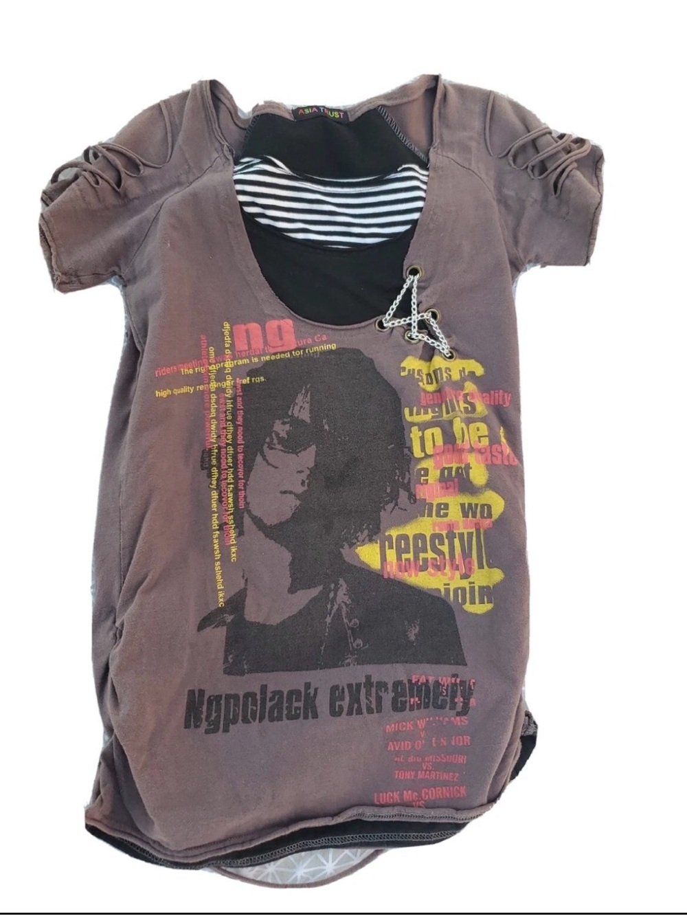 Graphic Layered-Style Brown Tee with Striped Insert